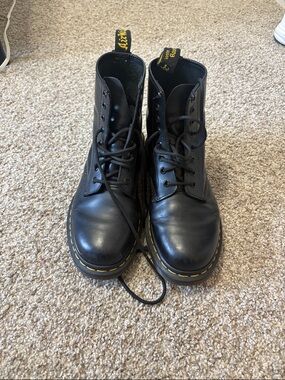 Dr. Martens Black Leather Lace-Up Combat Boots with Yellow Stitching